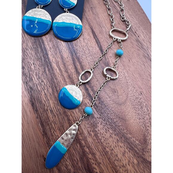 Illuminata Round Drop Earrings 20" Necklace Gold Tone Blue Green 2 Pc Set NEW! - Picture 3 of 9